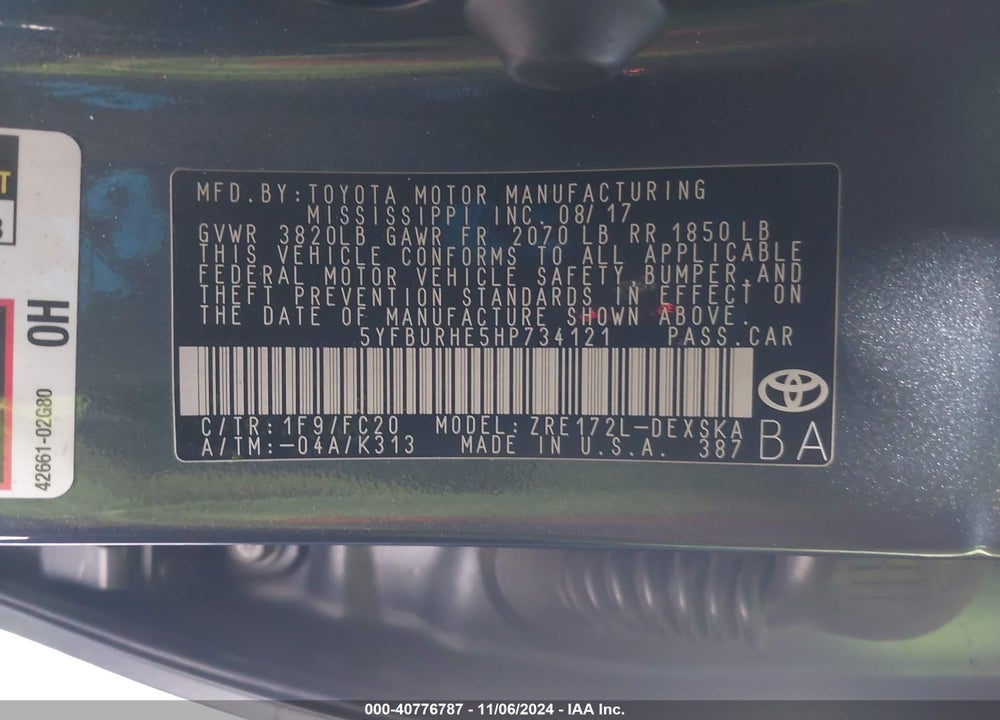2017 TOYOTA COROLLA SE VIN: 5YFBURHE5HP734121