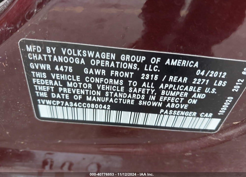 2012 VOLKSWAGEN PASSAT VIN: 1VWCP7A34CC080042