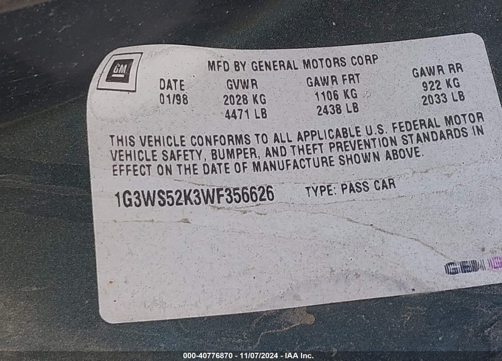1998 OLDSMOBILE INTRIGUE GL VIN: 1G3WS52K3WF356626