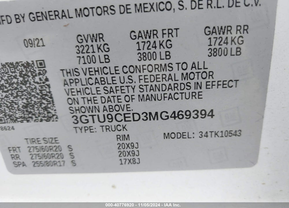 2021 GMC SIERRA 1500 4WD SHORT BOX ELEVATION VIN: 3GTU9CED3MG469394