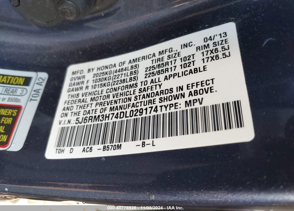 2013 HONDA CR-V EX-L VIN: 5J6RM3H74DL029174