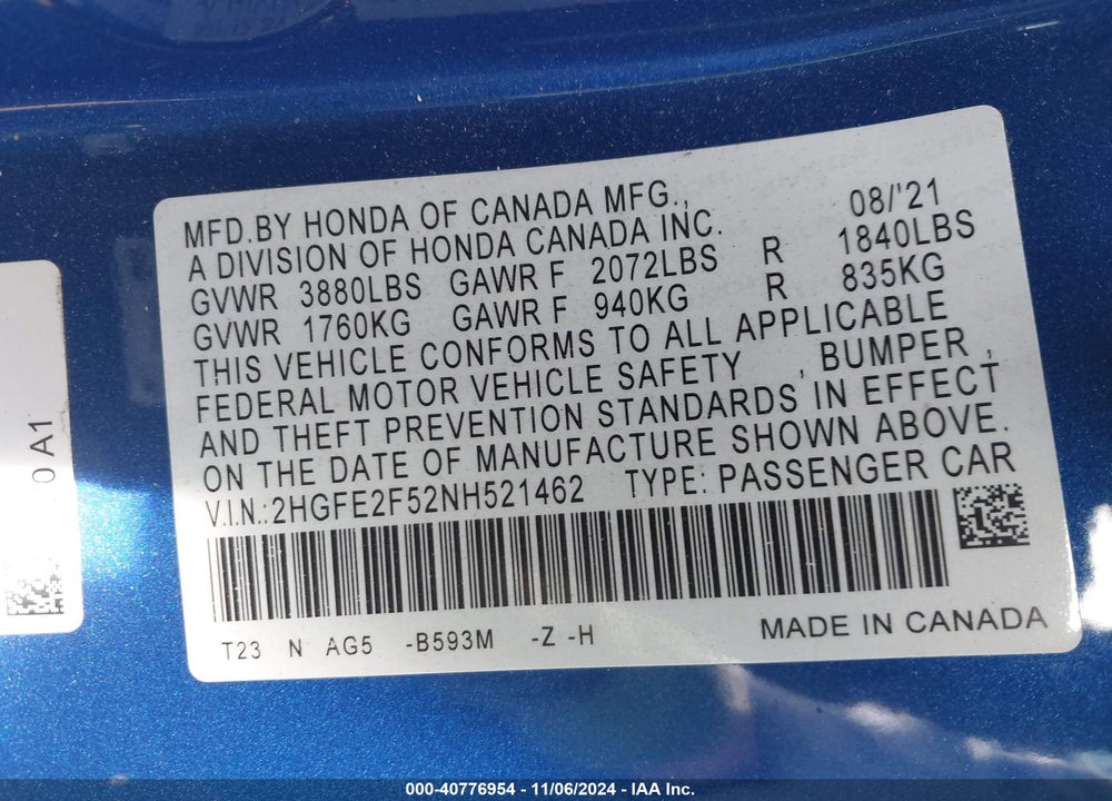 2022 HONDA CIVIC SPORT VIN: 2HGFE2F52NH521462