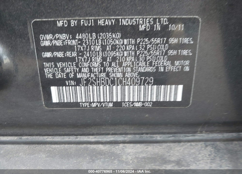 2012 SUBARU FORESTER 2.5X PREMIUM VIN: JF2SHBDC1CH409729