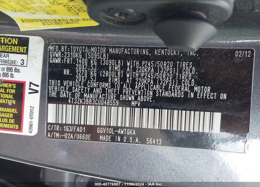 2012 TOYOTA VENZA LE V6 VIN: 4T3ZK3BB3CU048559