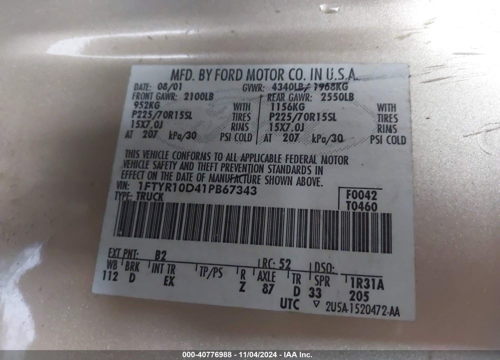 2001 FORD RANGER XL/XLT VIN: 1FTYR10D41PB67343