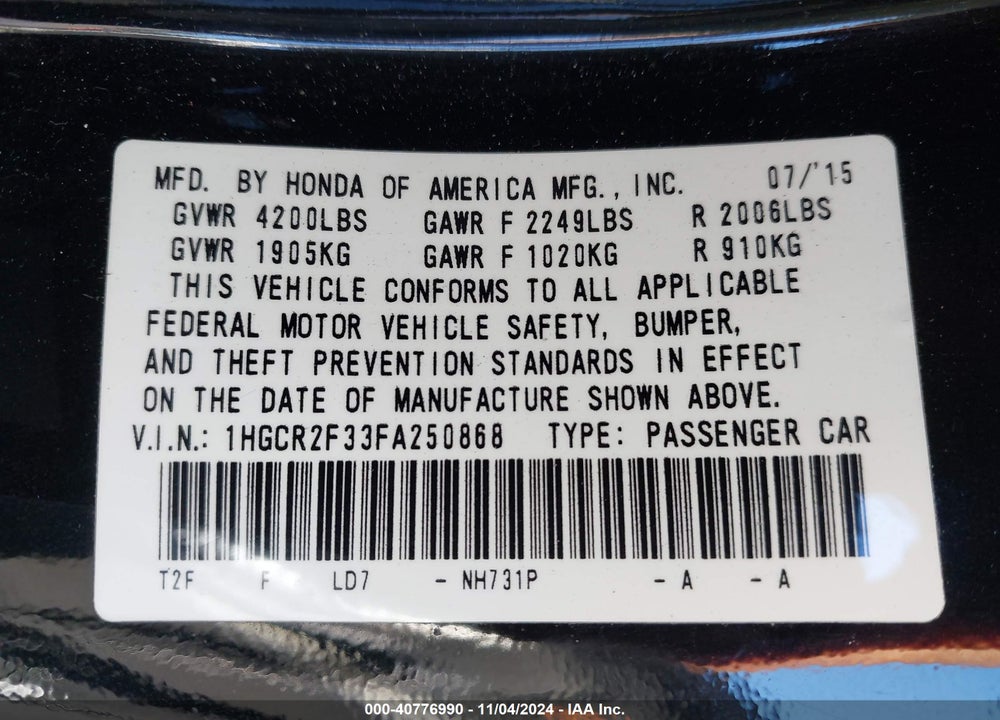 2015 HONDA ACCORD LX VIN: 1HGCR2F33FA250868