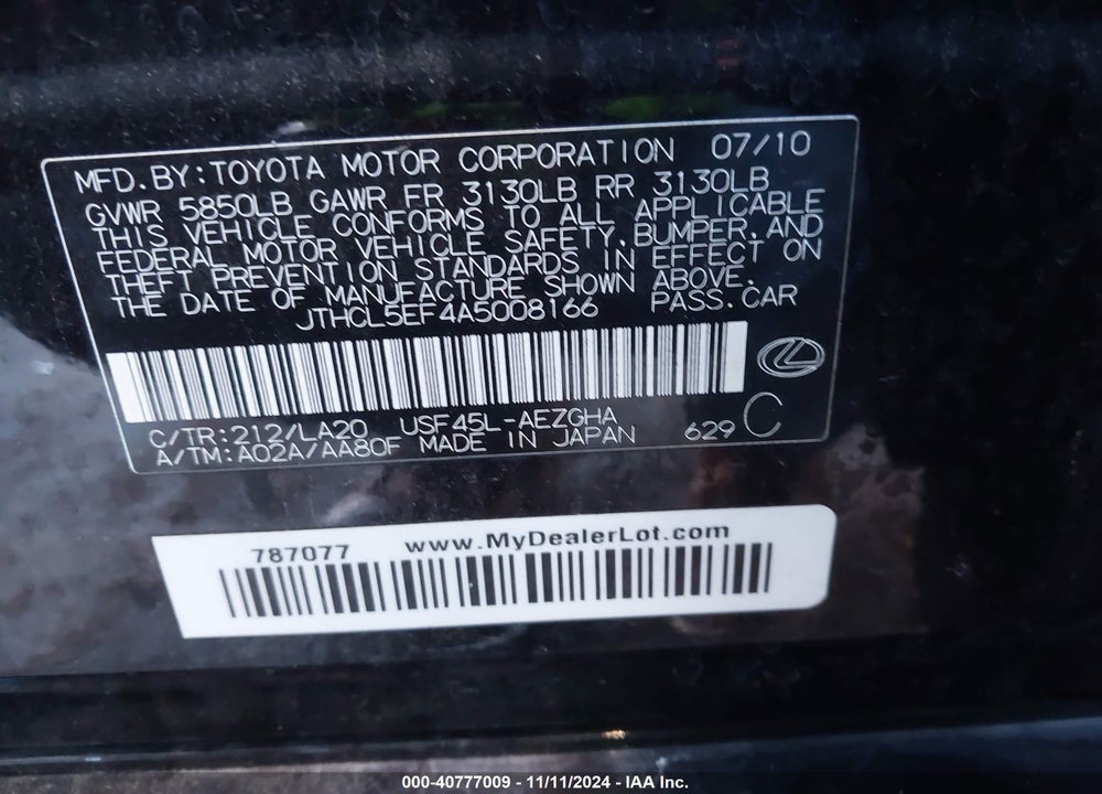 2010 LEXUS LS 460 VIN: JTHCL5EF4A5008166