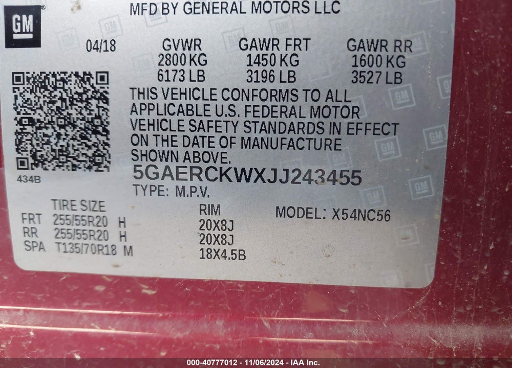 2018 BUICK ENCLAVE PREMIUM VIN: 5GAERCKWXJJ243455