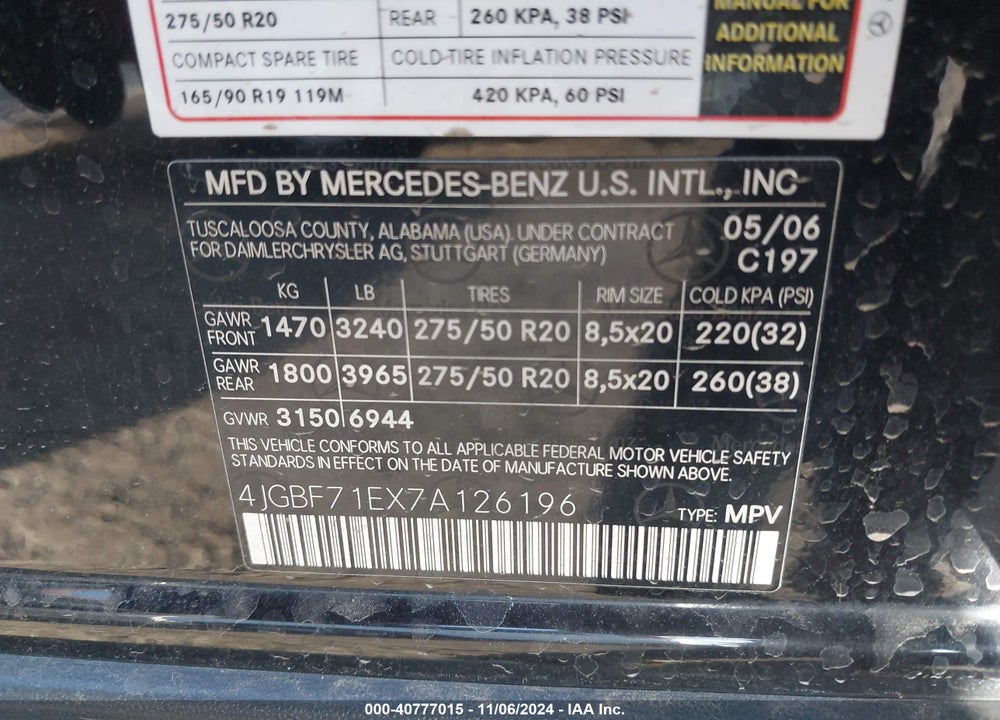 2007 MERCEDES-BENZ GL 450 4MATIC VIN: 4JGBF71EX7A126196