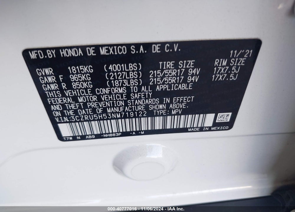 2022 HONDA HR-V 2WD EX VIN: 3CZRU5H53NM719122