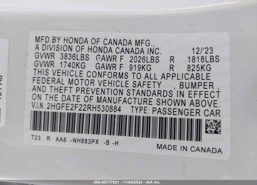 2024 HONDA CIVIC LX VIN: 2HGFE2F22RH530884