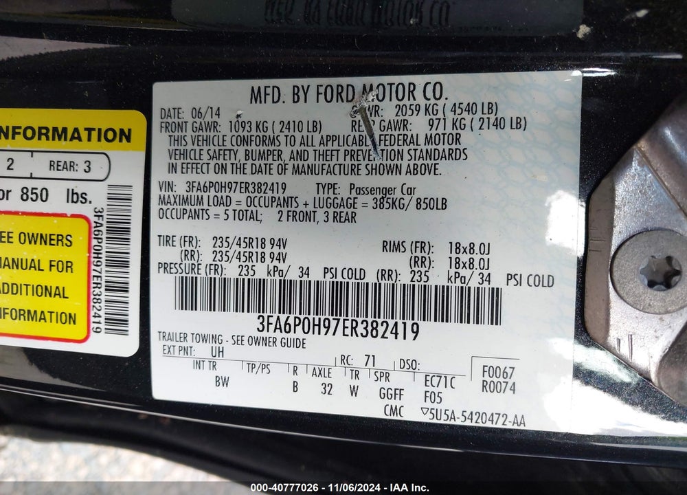 2014 FORD FUSION SE VIN: 3FA6P0H97ER382419