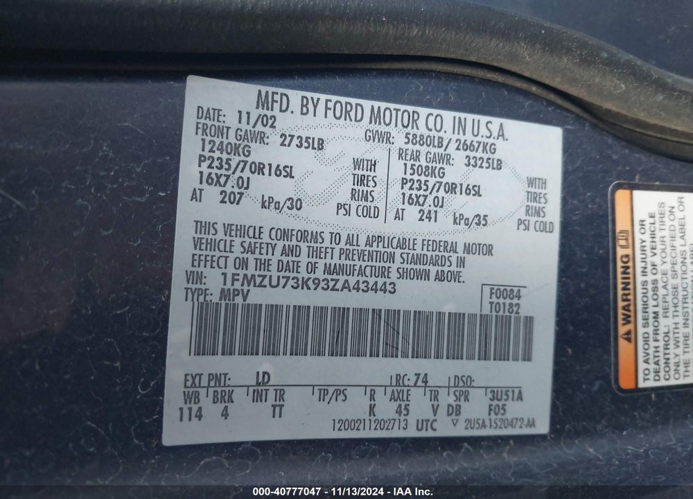 2003 FORD EXPLORER NBX/XLT VIN: 1FMZU73K93ZA43443
