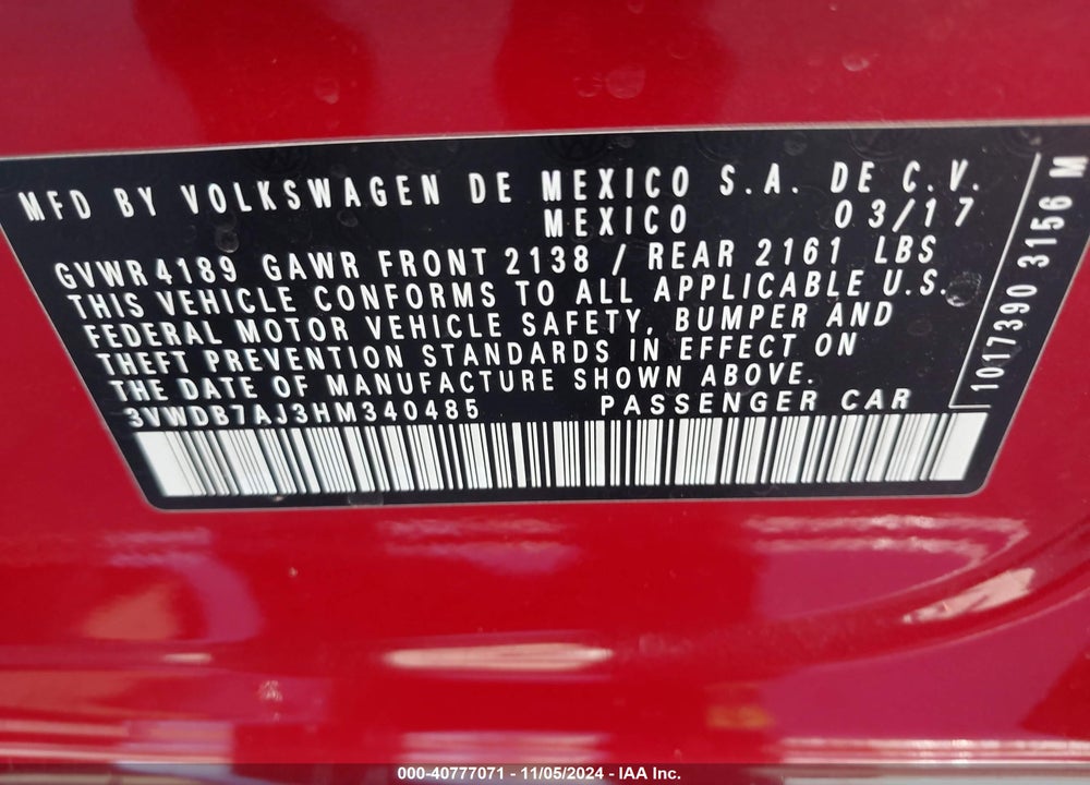2017 VOLKSWAGEN JETTA 1.4T SE VIN: 3VWDB7AJ3HM340485