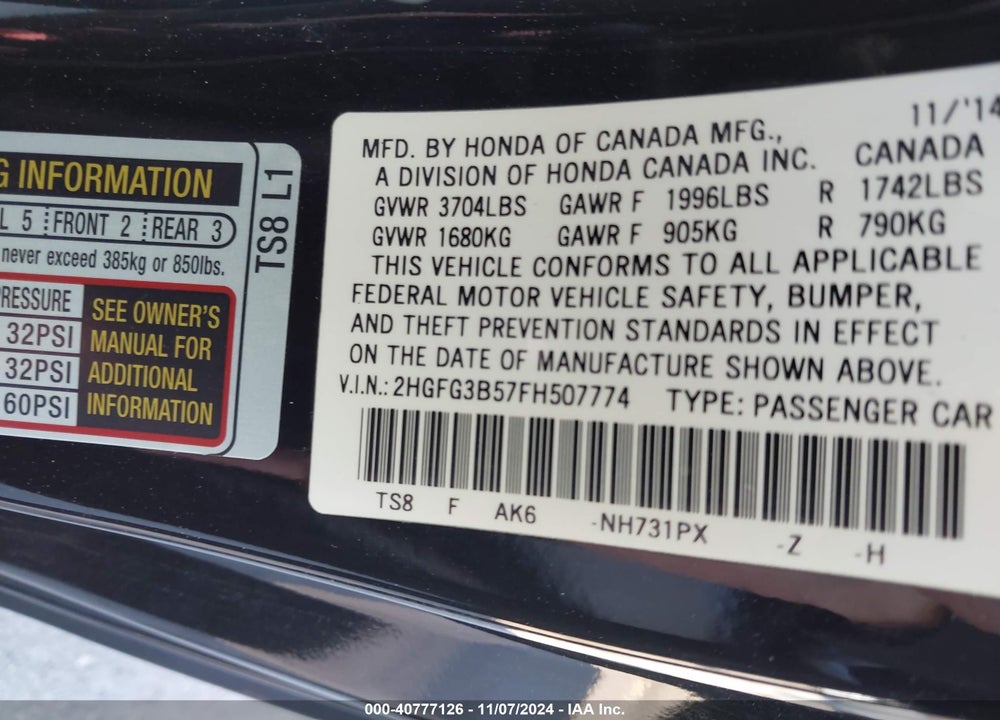 2015 HONDA CIVIC LX VIN: 2HGFG3B57FH507774