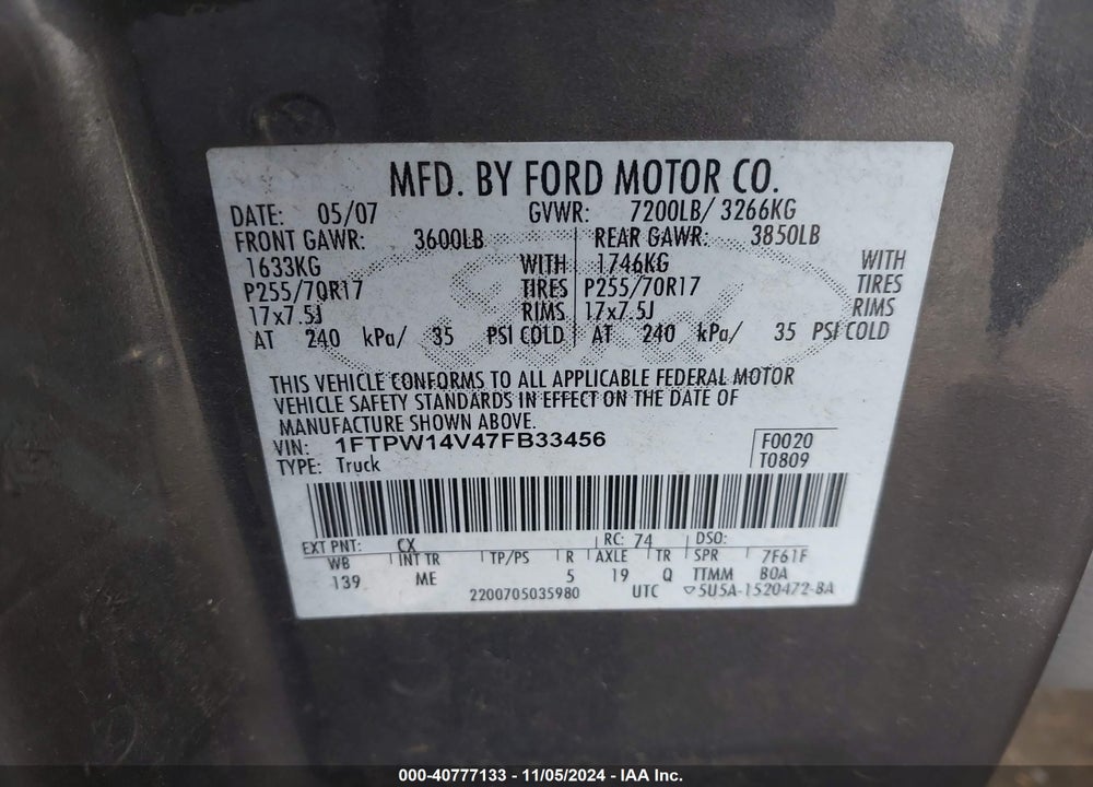 2007 FORD F-150 FX4/LARIAT/XLT VIN: 1FTPW14V47FB33456