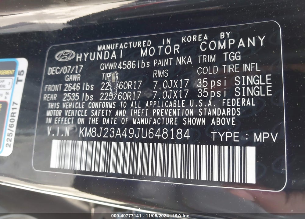 2018 HYUNDAI TUCSON SE VIN: KM8J23A49JU648184