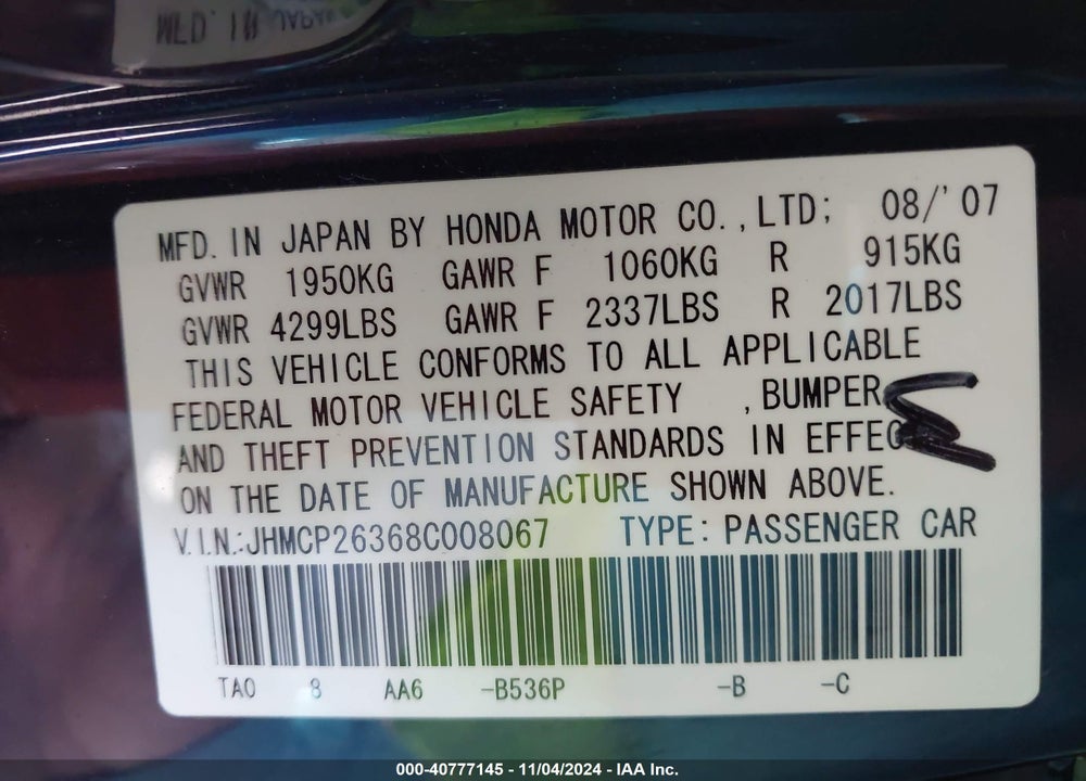 2008 HONDA ACCORD 2.4 LX VIN: JHMCP26368C008067