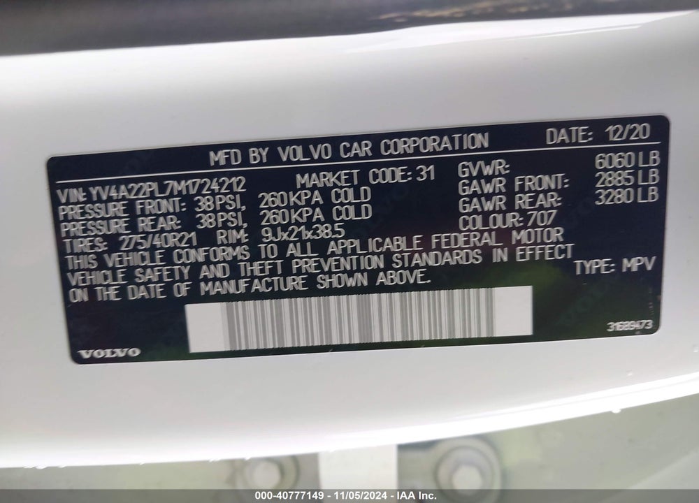 2021 VOLVO XC90 T6 INSCRIPTION 7 PASSENGER VIN: YV4A22PL7M1724212
