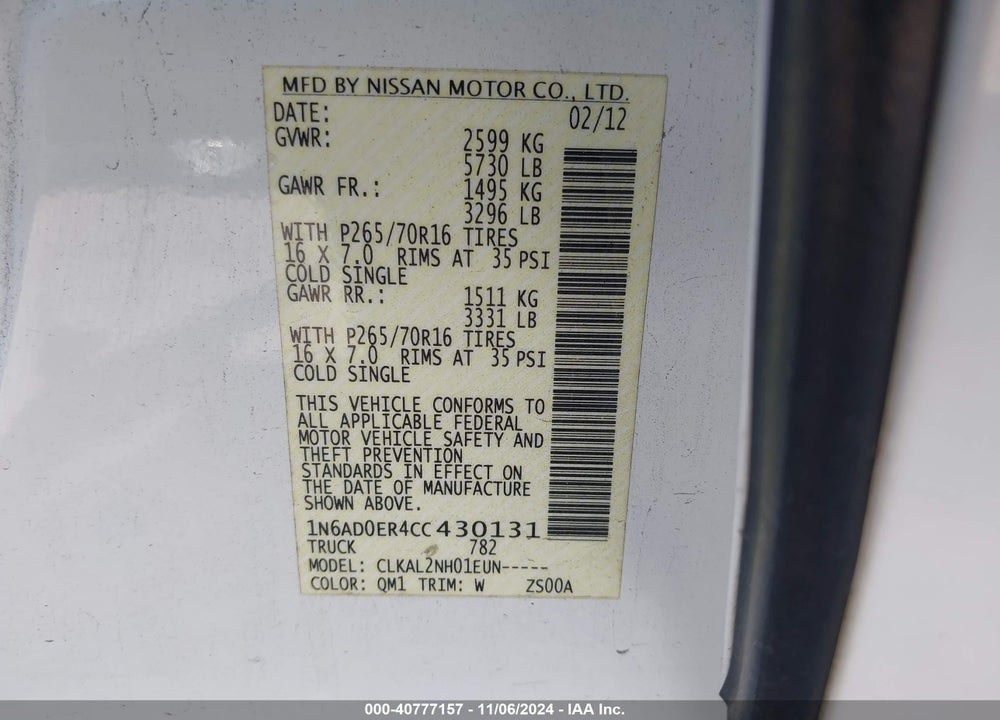 2012 NISSAN FRONTIER SV VIN: 1N6AD0ER4CC430131