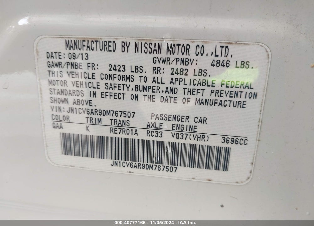 2013 INFINITI G37X VIN: JN1CV6AR9DM767507