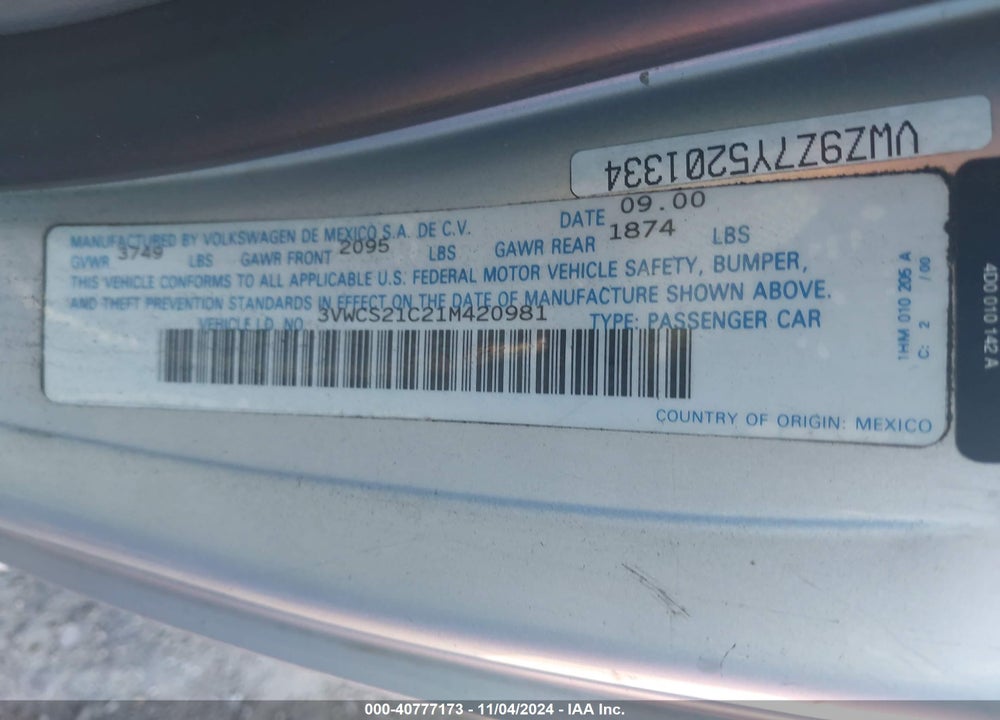 2001 VOLKSWAGEN NEW BEETLE GLS VIN: 3VWCS21C21M420981