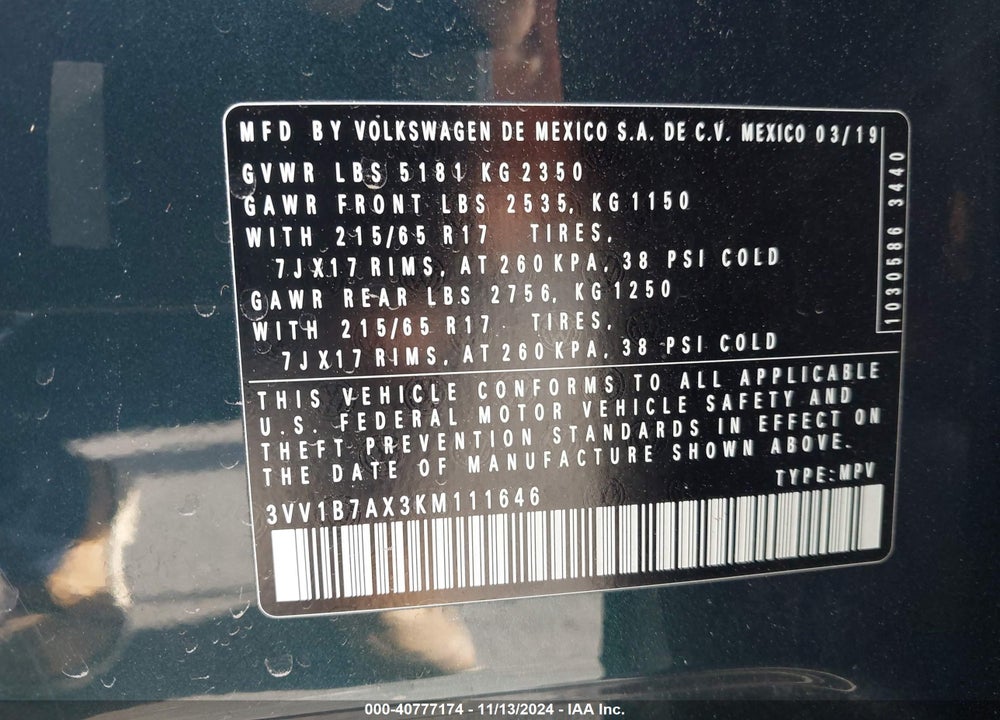 2019 VOLKSWAGEN TIGUAN 2.0T S VIN: 3VV1B7AX3KM111646