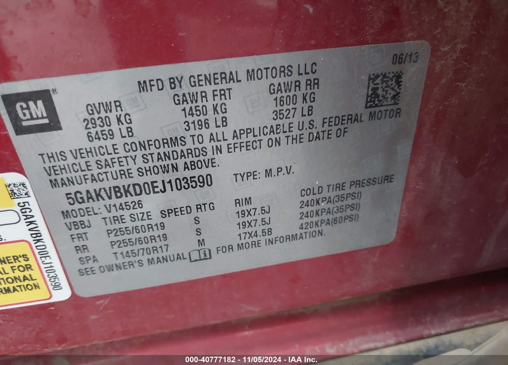 2014 BUICK ENCLAVE LEATHER VIN: 5GAKVBKD0EJ103590