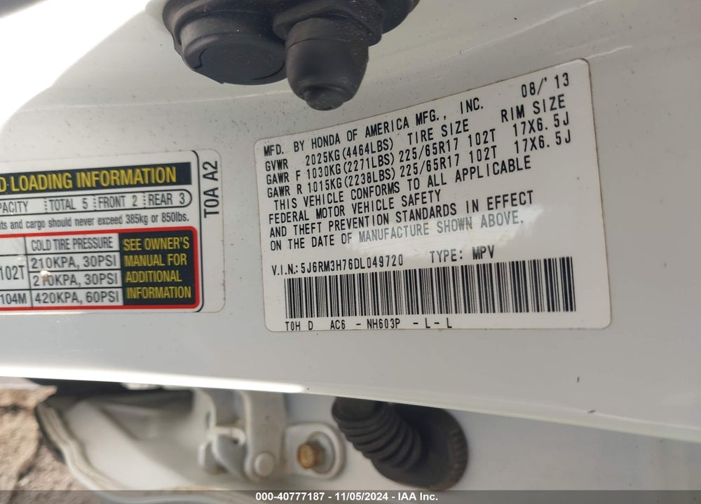 2013 HONDA CR-V EX-L VIN: 5J6RM3H76DL049720
