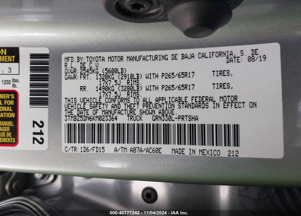 2019 TOYOTA TACOMA TRD SPORT VIN: 3TMBZ5DN6KM023364