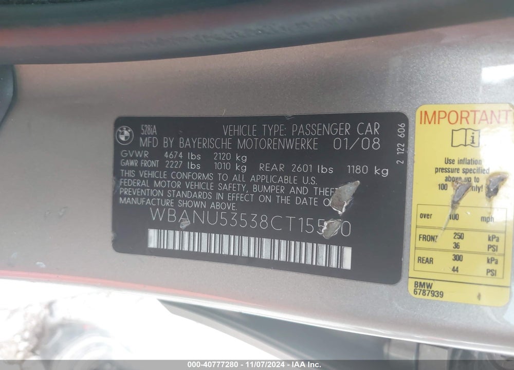 2008 BMW 528I VIN: WBANU53538CT15560