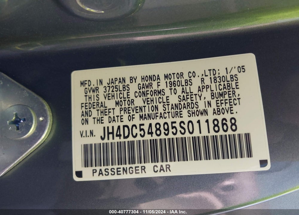 2005 ACURA RSX VIN: JH4DC54895S011868