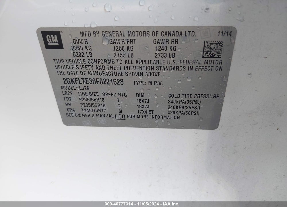 2015 GMC TERRAIN SLT-2 VIN: 2GKFLTE36F6221628