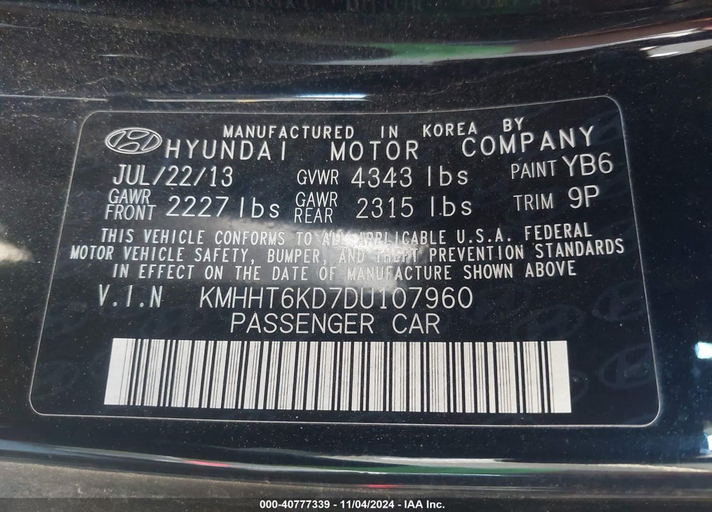 2013 HYUNDAI GENESIS 2.0T PREMIUM VIN: KMHHT6KD7DU107960