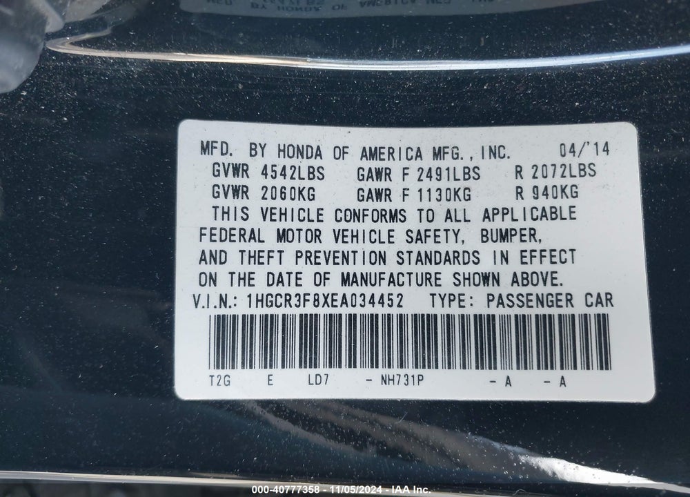 2014 HONDA ACCORD EX-L V-6 VIN: 1HGCR3F8XEA034452