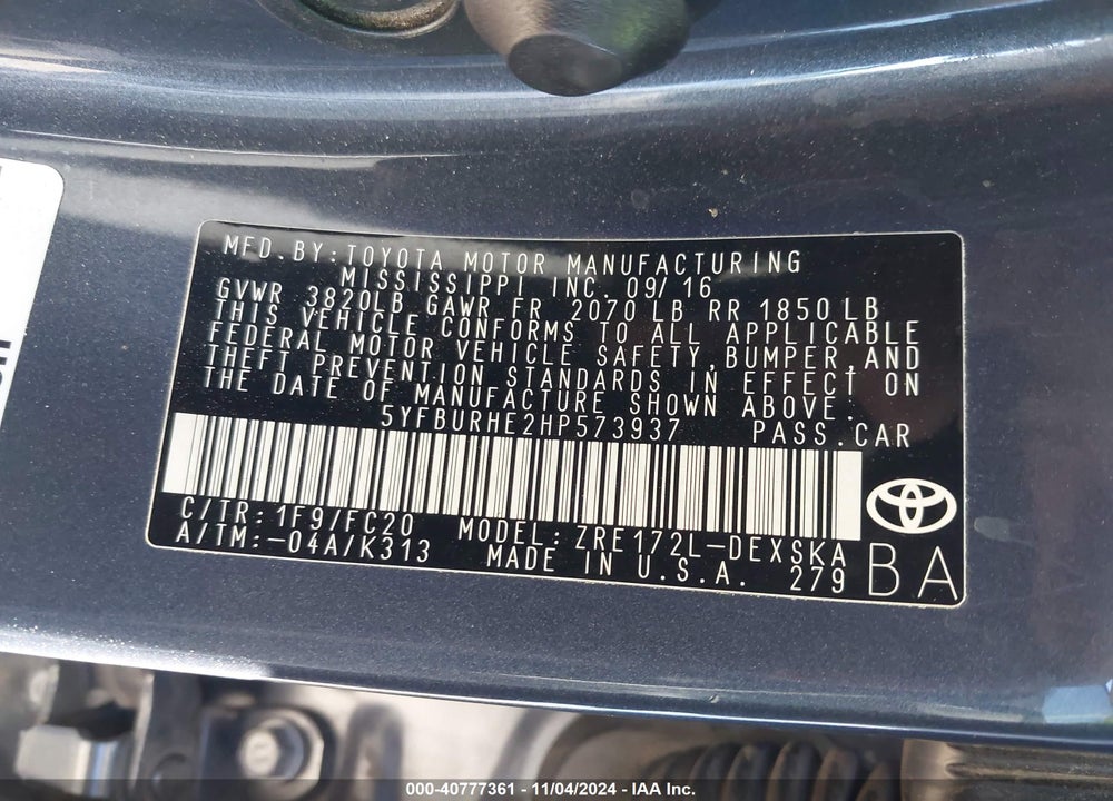 2017 TOYOTA COROLLA L/LE/XLE/SE/XSE VIN: 5YFBURHE2HP573937