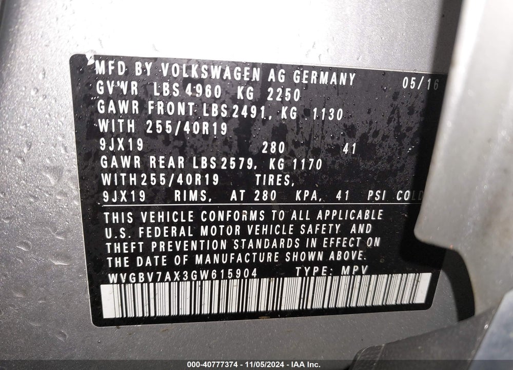 2016 VOLKSWAGEN TIGUAN SEL VIN: WVGBV7AX3GW615904