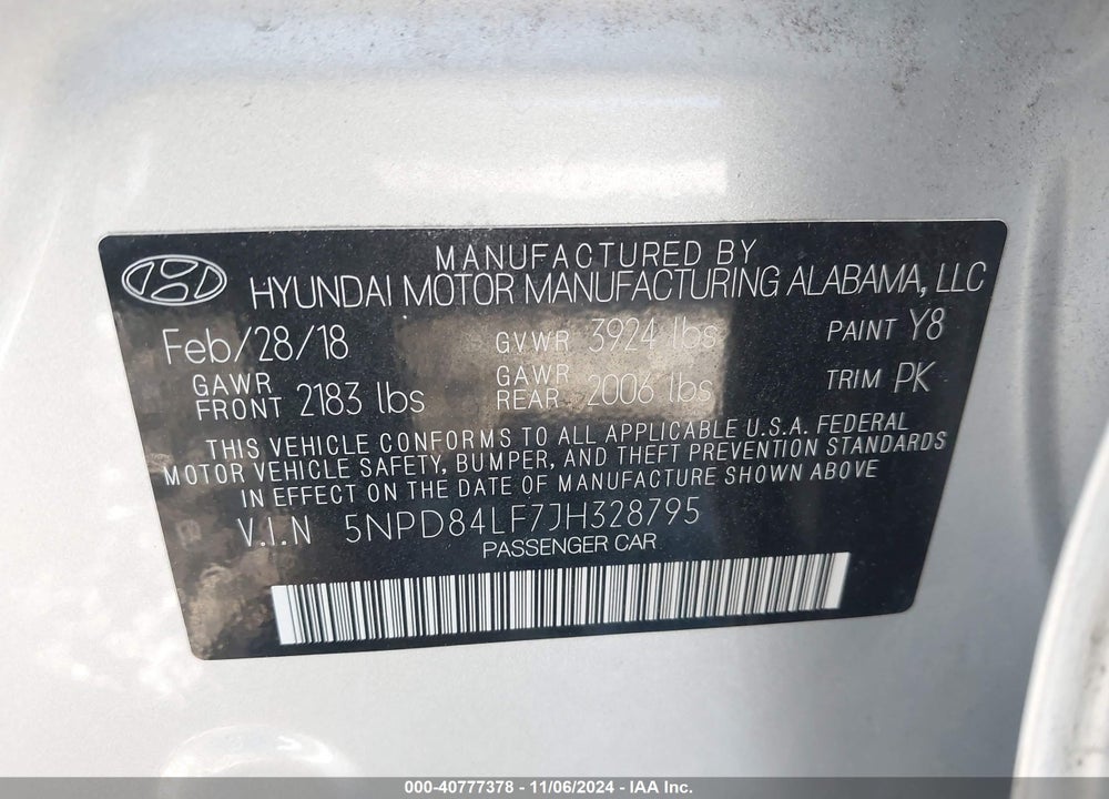 2018 HYUNDAI ELANTRA SEL VIN: 5NPD84LF7JH328795