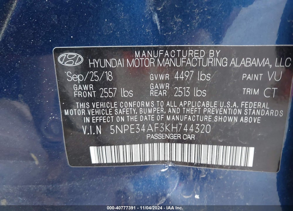 2019 HYUNDAI SONATA SPORT VIN: 5NPE34AF3KH744320