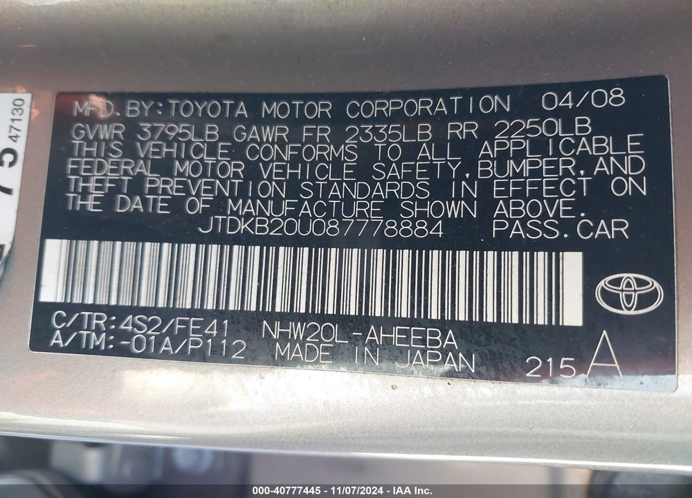 2008 TOYOTA PRIUS VIN: JTDKB20U087778884
