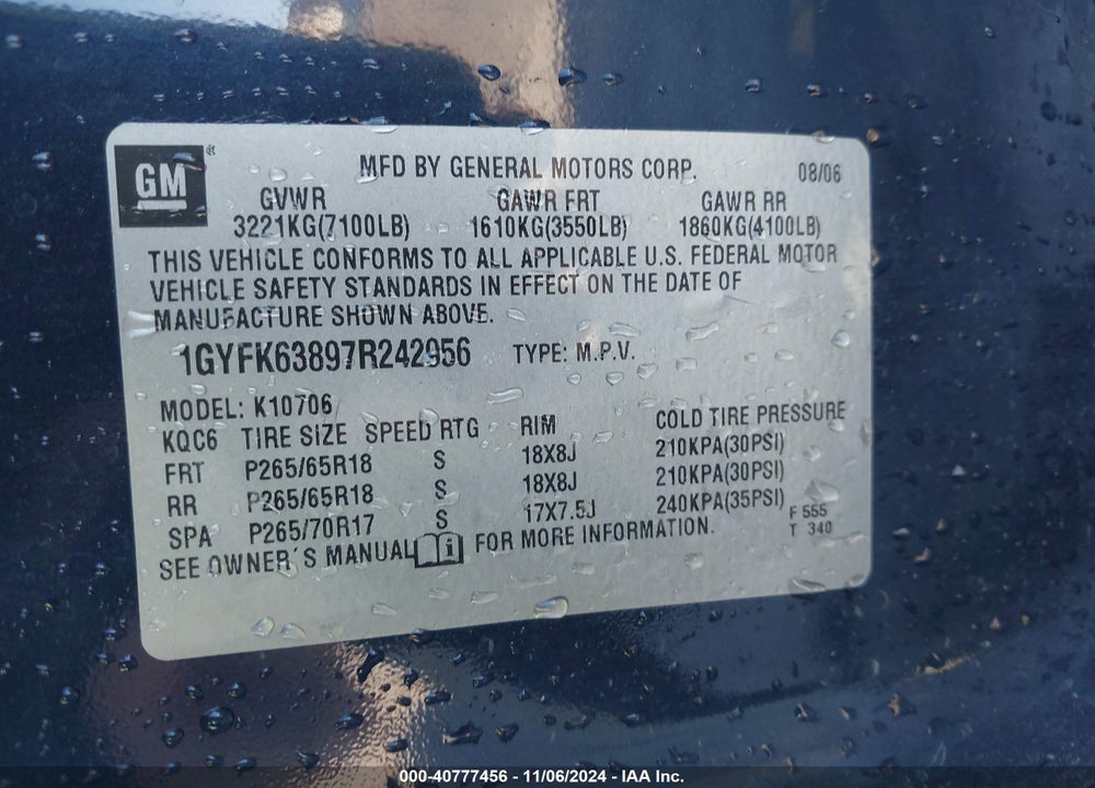 2007 CADILLAC ESCALADE STANDARD VIN: 1GYFK63897R242956
