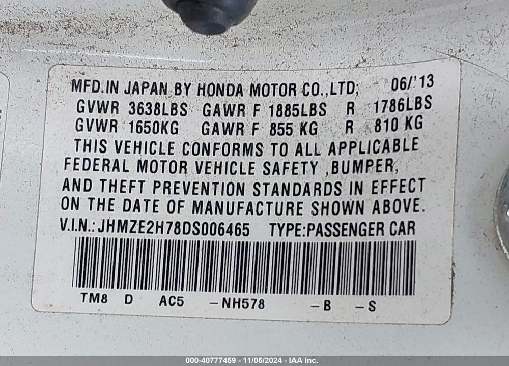 2013 HONDA INSIGHT EX VIN: JHMZE2H78DS006465