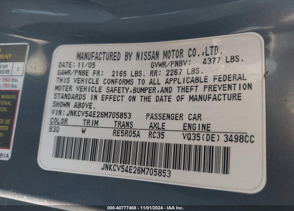 2006 INFINITI G35 VIN: JNKCV54E26M705853