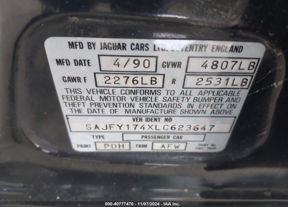 1990 JAGUAR XJ6 BASELINE VIN: SAJFY174XLC623647
