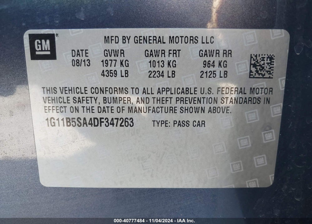 2013 CHEVROLET MALIBU 1LS VIN: 1G11B5SA4DF347263