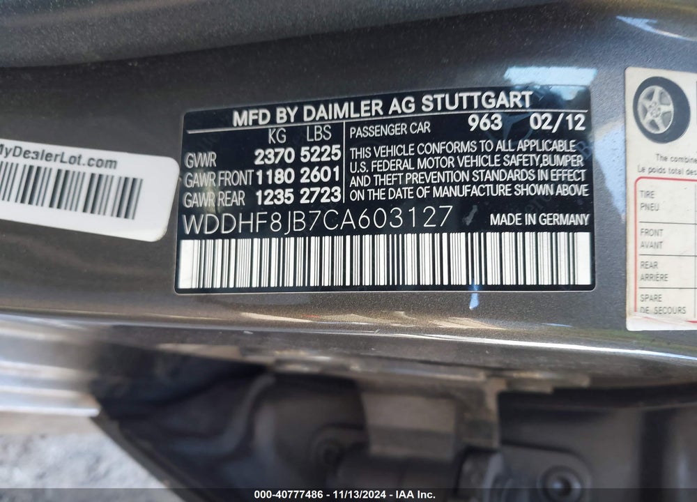 2012 MERCEDES-BENZ E 350 VIN: WDDHF8JB7CA603127