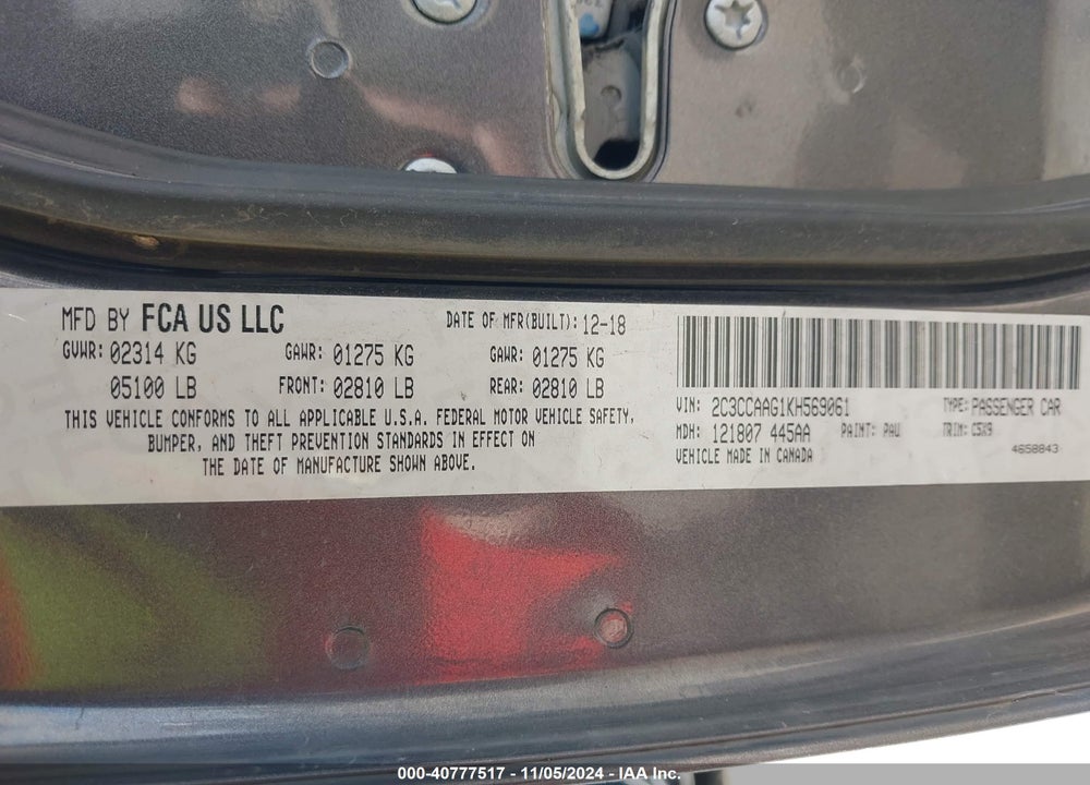 2019 CHRYSLER 300 TOURING VIN: 2C3CCAAG1KH569061