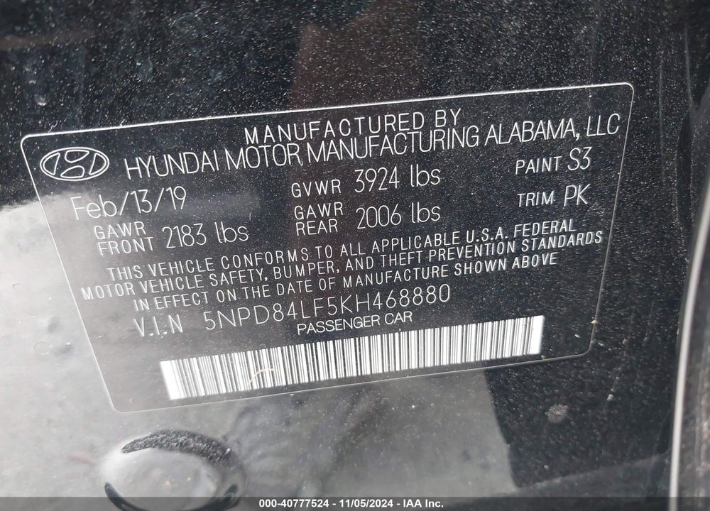 2019 HYUNDAI ELANTRA SEL VIN: 5NPD84LF5KH468880