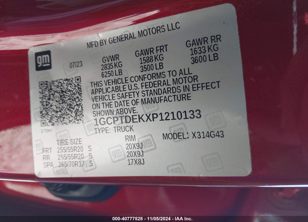 2023 CHEVROLET COLORADO VIN: 1GCPTDEKXP1210133