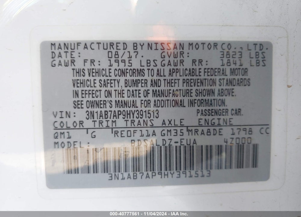 2017 NISSAN SENTRA SV VIN: 3N1AB7AP9HY391513